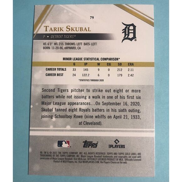 2021 Topps Gold Label class 2-Detroit Tigers TARIK SKUBAL RC Card #79 - Picture 3 of 3
